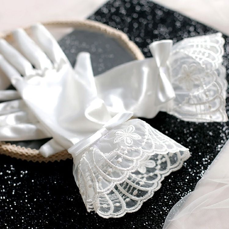 Lolita Hand Accessories White Satin Lace Gloves Elegant Bridal for Wedding