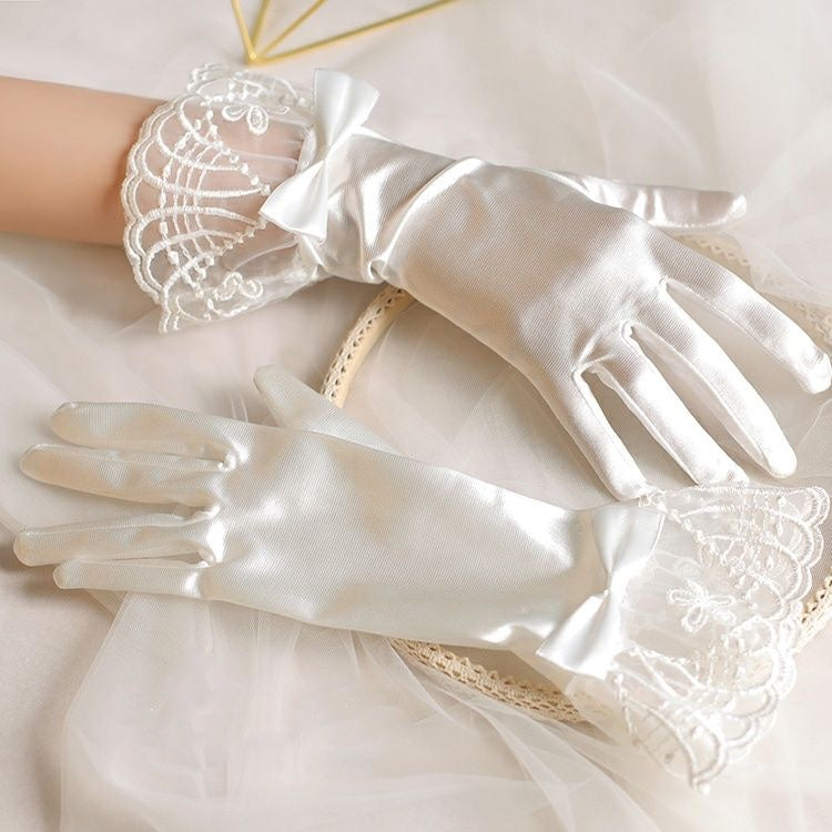 Lolita Hand Accessories White Satin Lace Gloves Elegant Bridal for Wedding