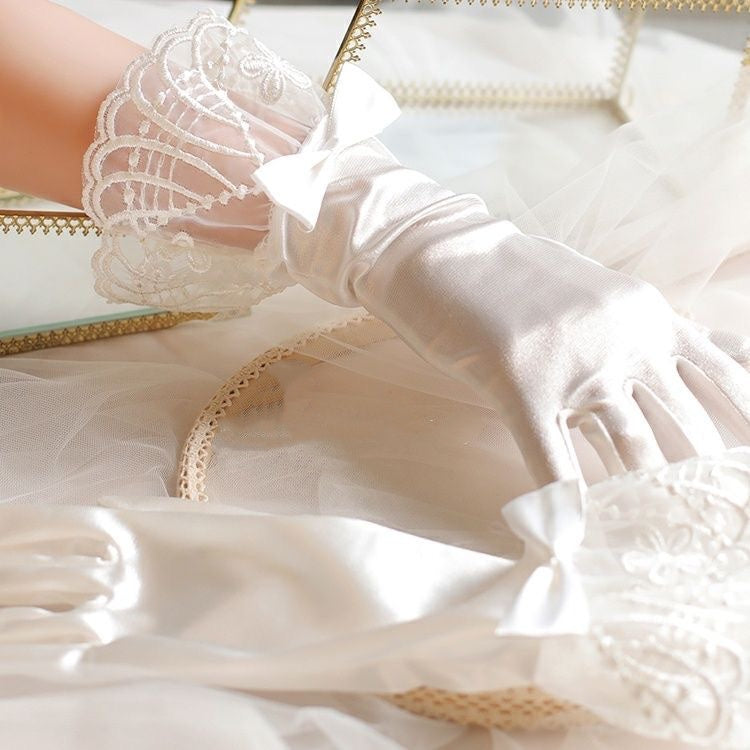 Lolita Hand Accessories White Satin Lace Gloves Elegant Bridal for Wedding