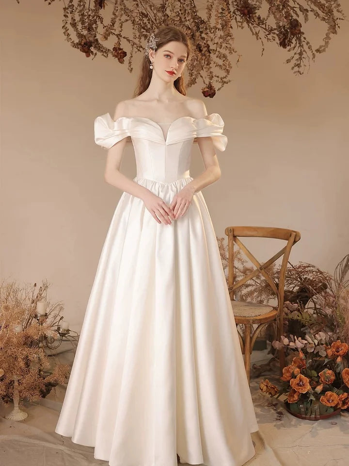 White Satin One Shoulder Wedding Dress Elegant Bridal Ball Gown Princess Dresses