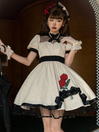 White Simple Bubble Sleeve Princess Short Dress Lace Rose Embellished OP