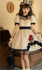 White Simple Bubble Sleeve Princess Short Dress Lace Rose Embellished OP