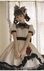White Simple Bubble Sleeve Princess Short Dress Lace Rose Embellished OP