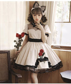 White Simple Bubble Sleeve Princess Short Dress Lace Rose Embellished OP