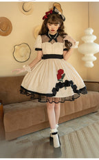 White Simple Bubble Sleeve Princess Short Dress Lace Rose Embellished OP