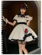 White Simple Bubble Sleeve Princess Short Dress Lace Rose Embellished OP