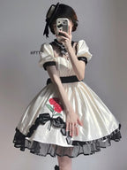 White Simple Bubble Sleeve Princess Short Dress Lace Rose Embellished OP
