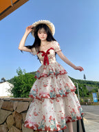 4XL Lolita Dress Plus Size Sweet Lolita Dress with Red Strawberry Print Tiered Skirt One Piece Dress 5XL