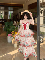 4XL Lolita Dress Plus Size Sweet Lolita Dress with Red Strawberry Print Tiered Skirt One Piece Dress 5XL