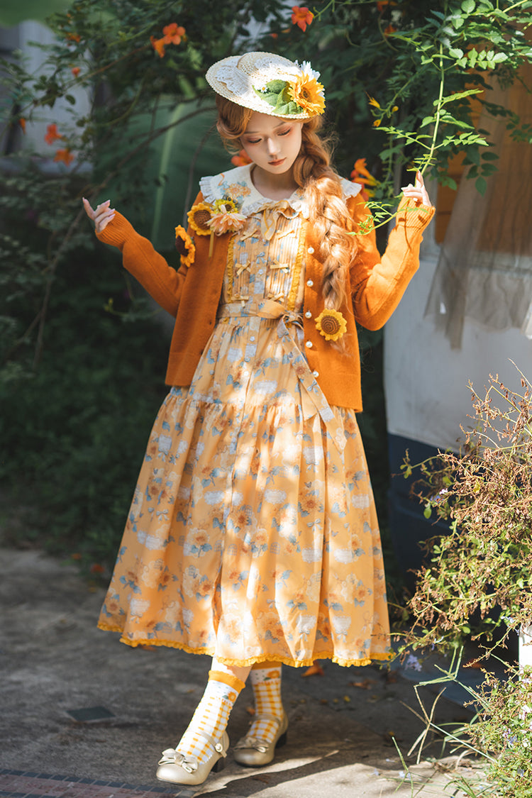 Yellow Gardening Sunflower Sleeveless Print Ruffle Bowknot Sweet Elegant Lolita Jsk Dress