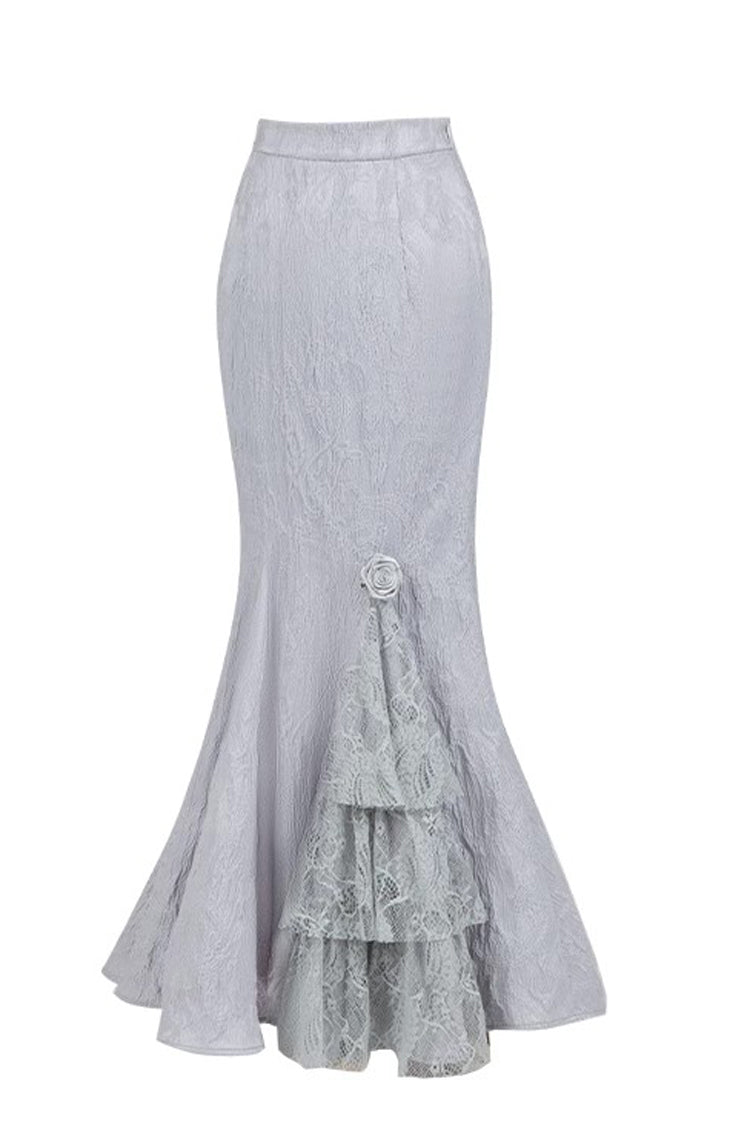 Silver Grey Twilight Ruffle Lace Irregular Gothic Witch Lolita Fishtail Skirt Set