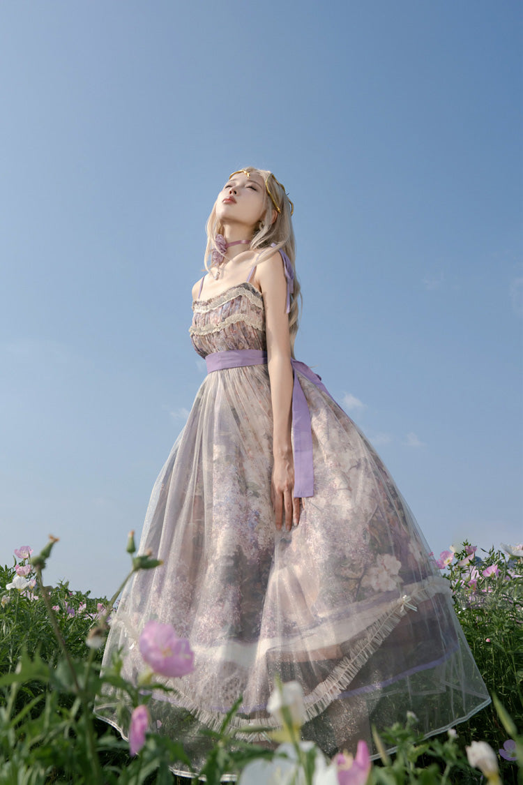 Purple Oil Painting – In the Shade of Blossoming Trees Sleeveless Print Ruffle Bowknot Lace Sweet Lolita Jsk Dress