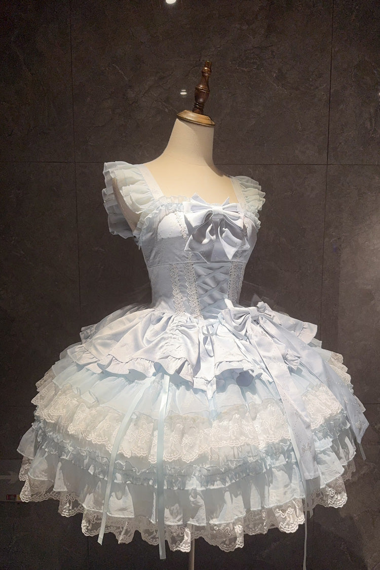 Blue Misty Mountain Veil Sleeveless Multi-Layered Ruffled Bow Lace Sweet Princess Ballet Lolita Jsk Dress
