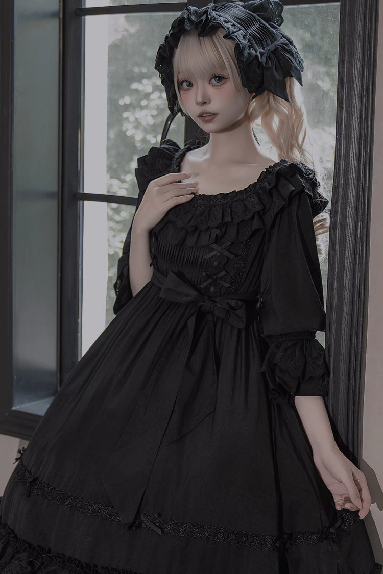 Black Good Morning Short Sleeves Ruffle Bowknot Lace-Up Gothic Lolita Dress