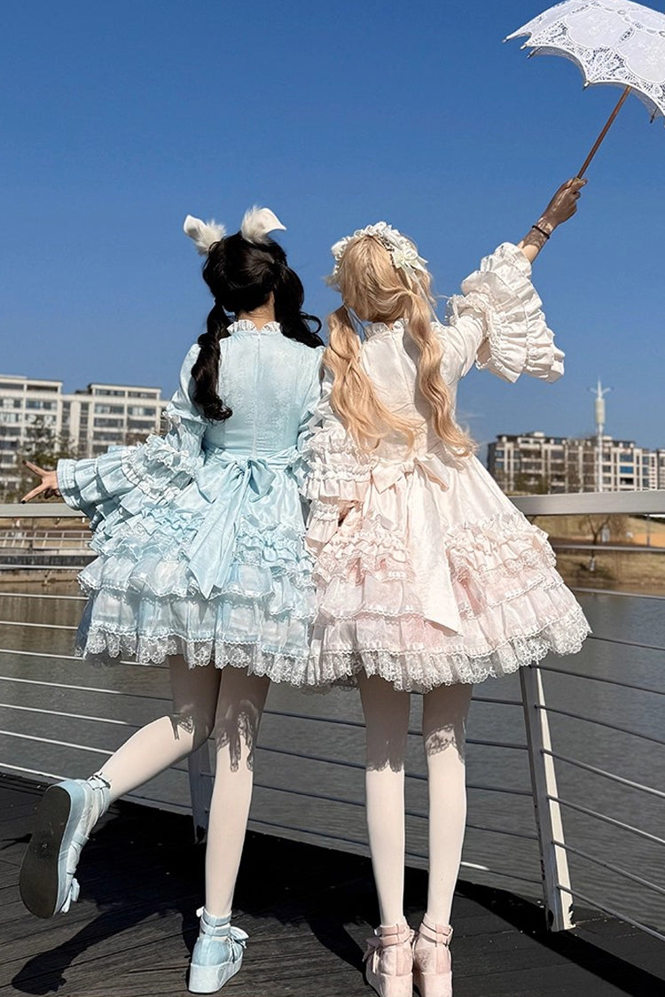 Pink The Soloist Doll Long Hime Sleeves Multi-Layered Print Ruffle Bowknot Asymmetric Sweet Lolita Dress