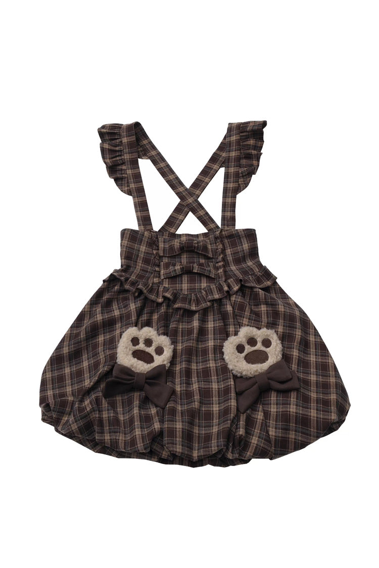 Brown Fluffy Little Bear Plaid Printed Ruffled Bow Sweet Lolita Strap Dress