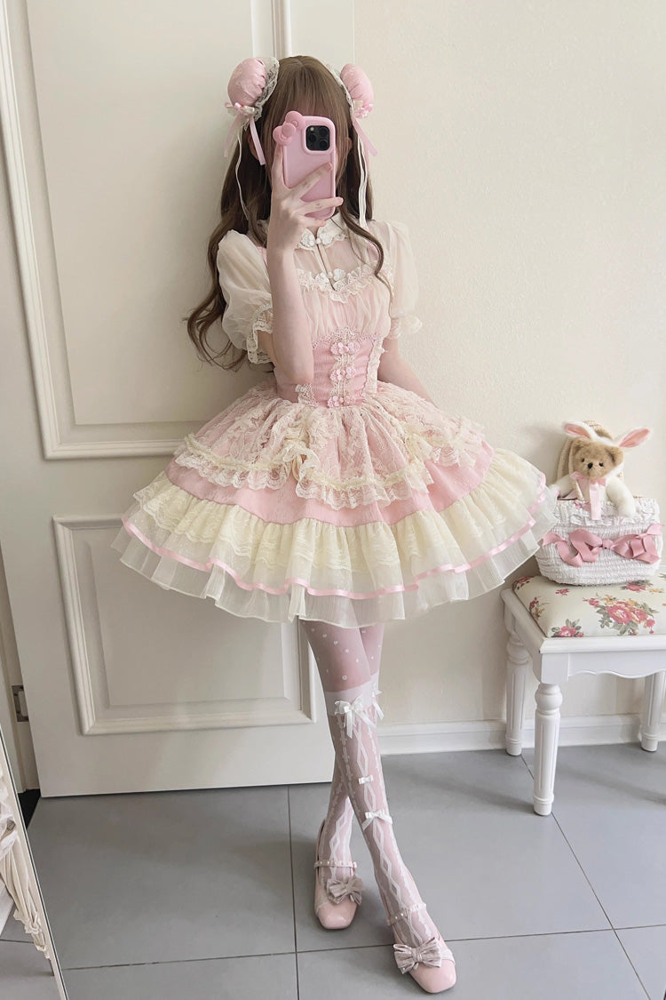 Flower Bud Halterneck Print Ruffle Lace Sweet Chinese Ballet Style Lolita Jsk Dress 3 Colors