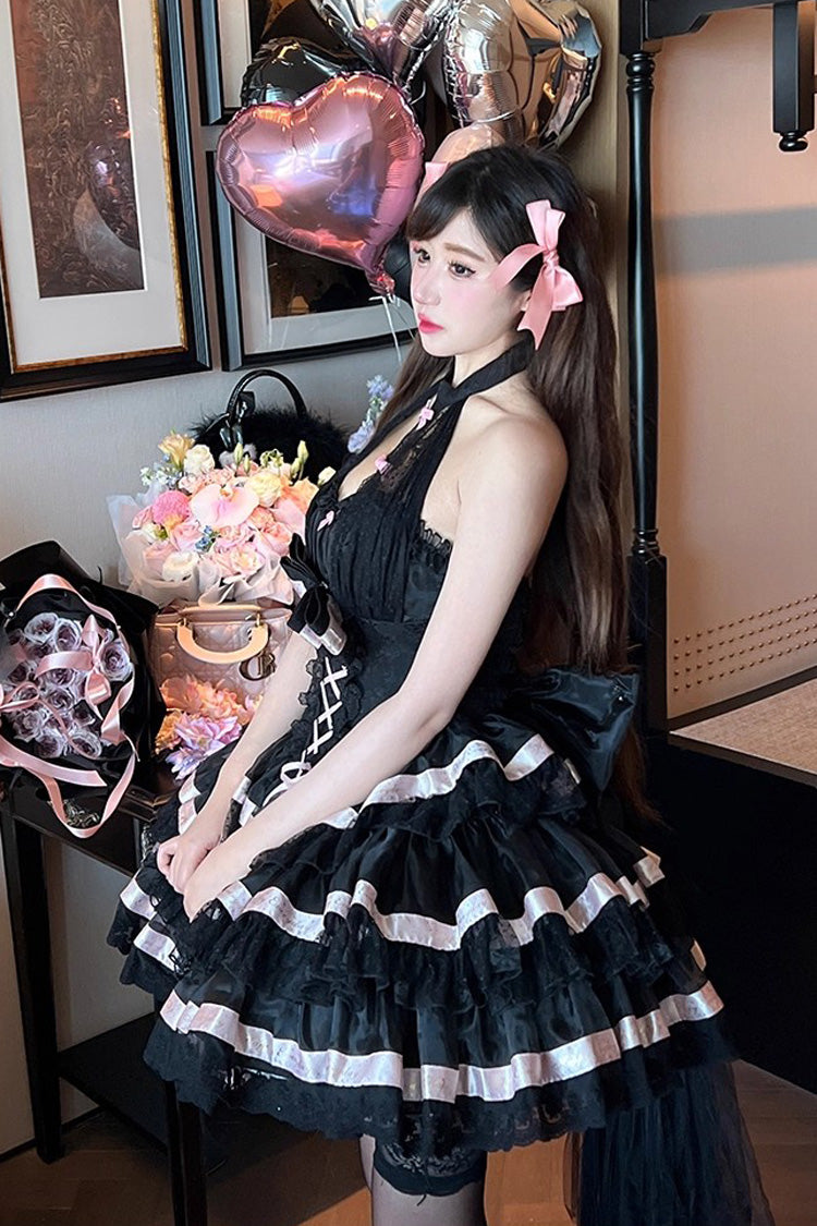Black Ballet Dream Halterneck Triple-Layered Ruffle Bowknot Lace-Up Sweet Princess Lolita Dress