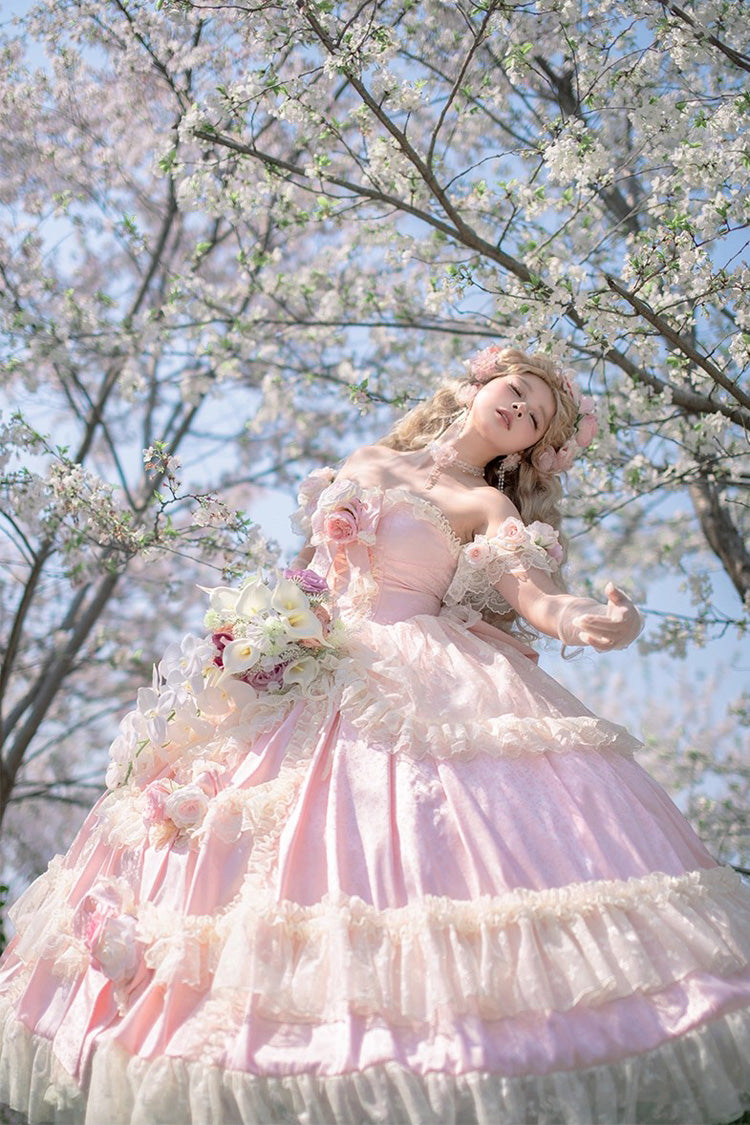 Pink Love and Roses Ruffle Hanayome Bowknot Lace Sweet Princess Lolita Jsk Dress