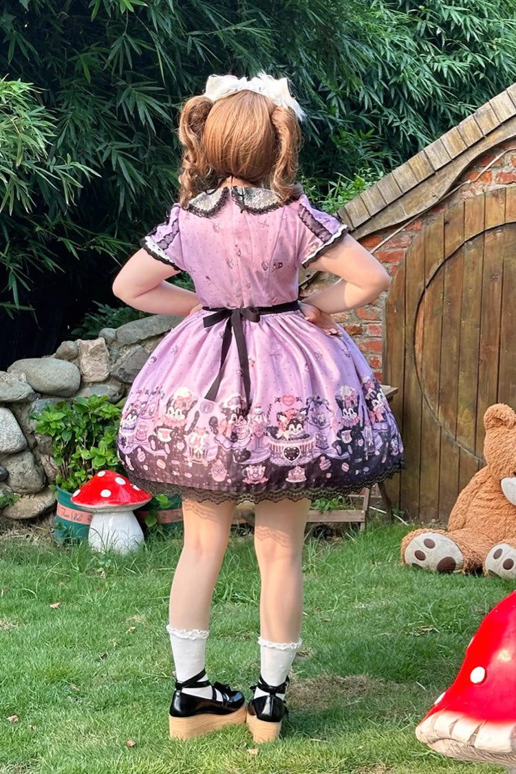 Purple Devil Cat Print Short Sleeves Ruffle Bowknot Lace Gothic Lolita OP Dress (Plus Size Support)