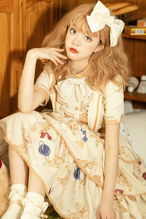 Multi-Color Bunny Astronaut Print Short Sleeves 3 layers Sweet Lolita OP Dress