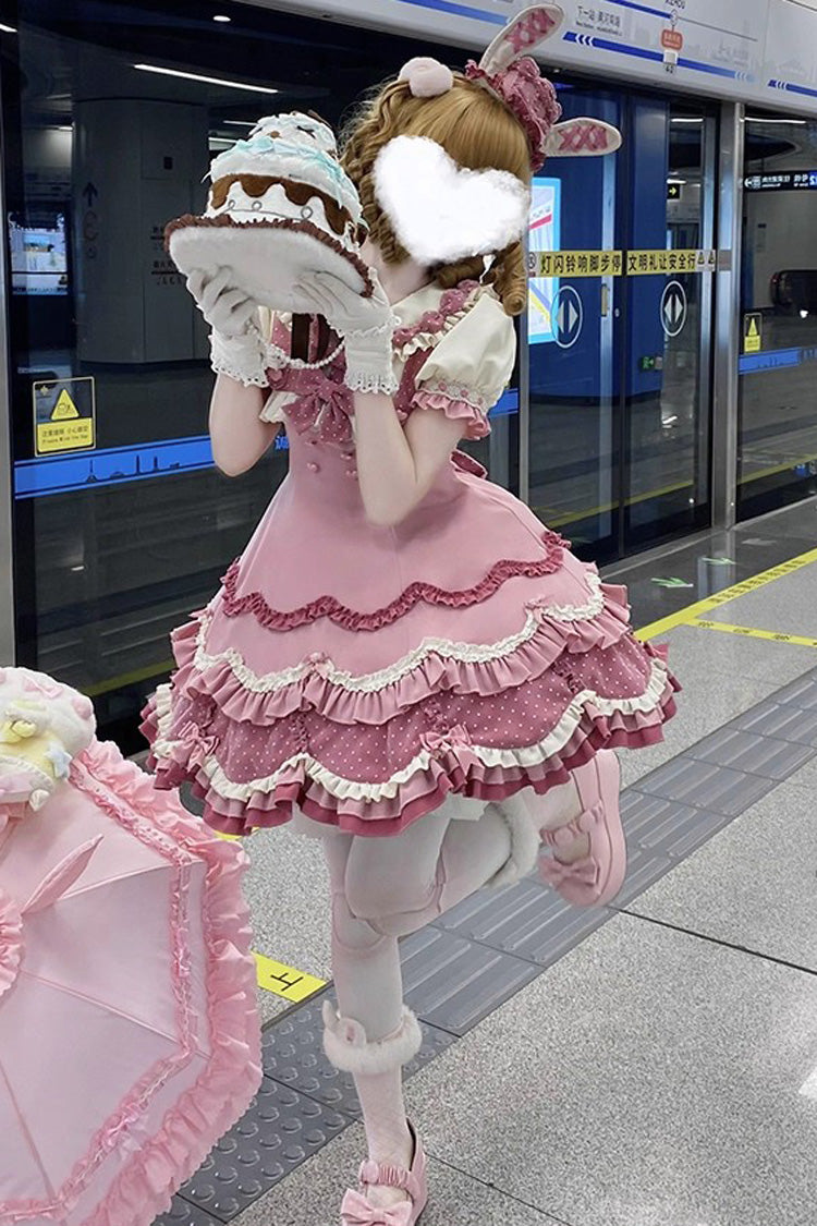 Pink Bunny Parfait Short Sleeves Multi-Layered Ruffle Bowknot Sweet Lolita Dress