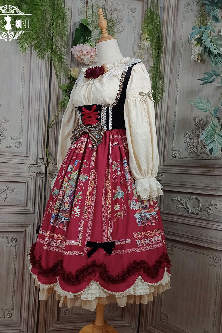 Wine Red Ode to Plenty Berries and Birds Print Ruffle Bowknot Velvet Classic Lolita Breast Support Jsk Dress