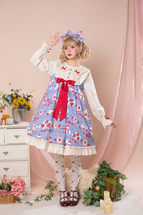 Round Collar High Waist Strawberry Milk Jar Printed Sweet Lolita OP Dress