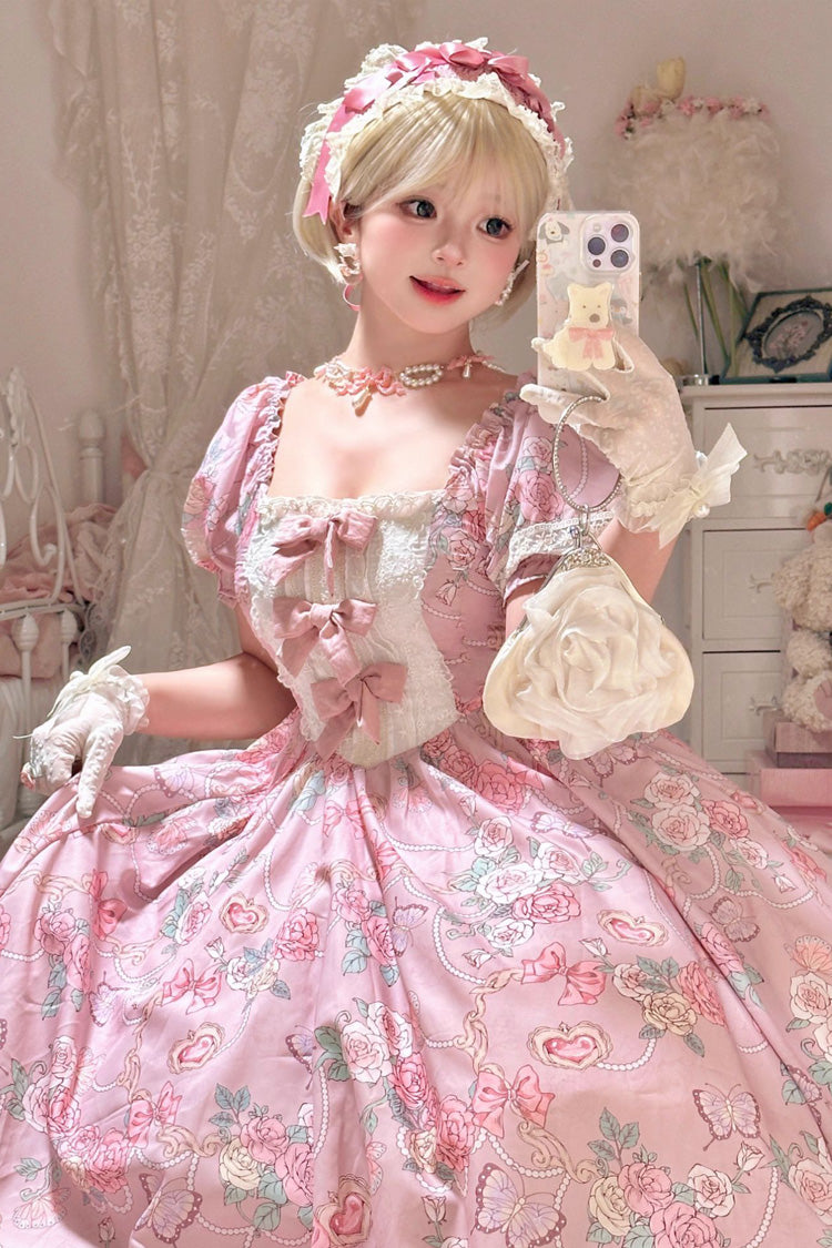 Pink Gem Rose Print Short Puff Sleeves Ruffle Bowknot Sweet Plus Size Lolita Dress