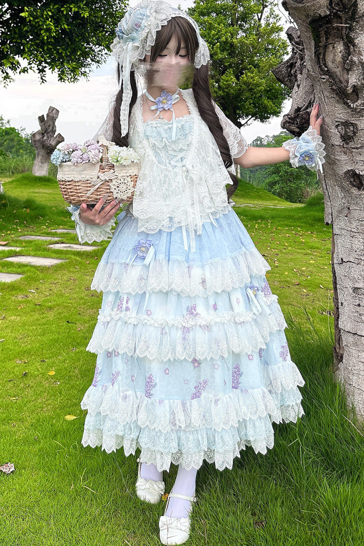 Purple Lavender Sleeveless Multi-Layered Print Ruffle Bowknot Lace-Up Sweet Elegant Lolita Jsk Dress Set