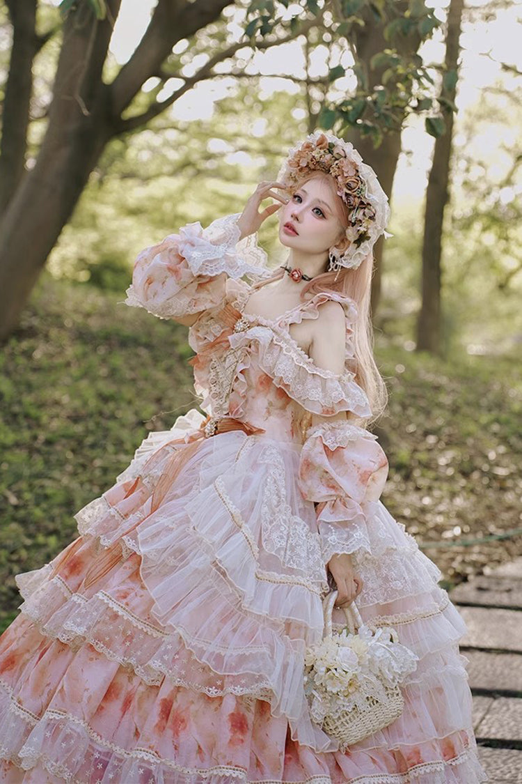 Pink Rose Letter Off Shoulder Triple-Layered Print Ruffle Hanayome Sweet Princess Lolita Dress