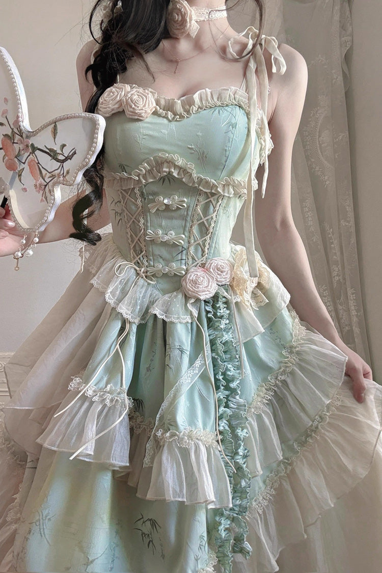 Green Tea Bamboo Song Sleeveless Print Ruffle Bowknot Sweet Chinese Style Elegant Ballet Lolita Jsk Long Dress