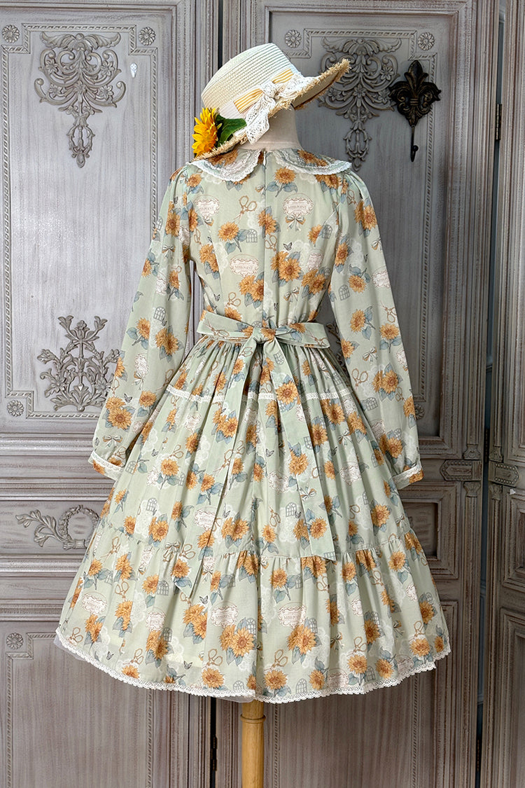 Green Gardening Sunflower Long Sleeves Print Ruffle Bowknot Sweet Elegant Lolita Dress