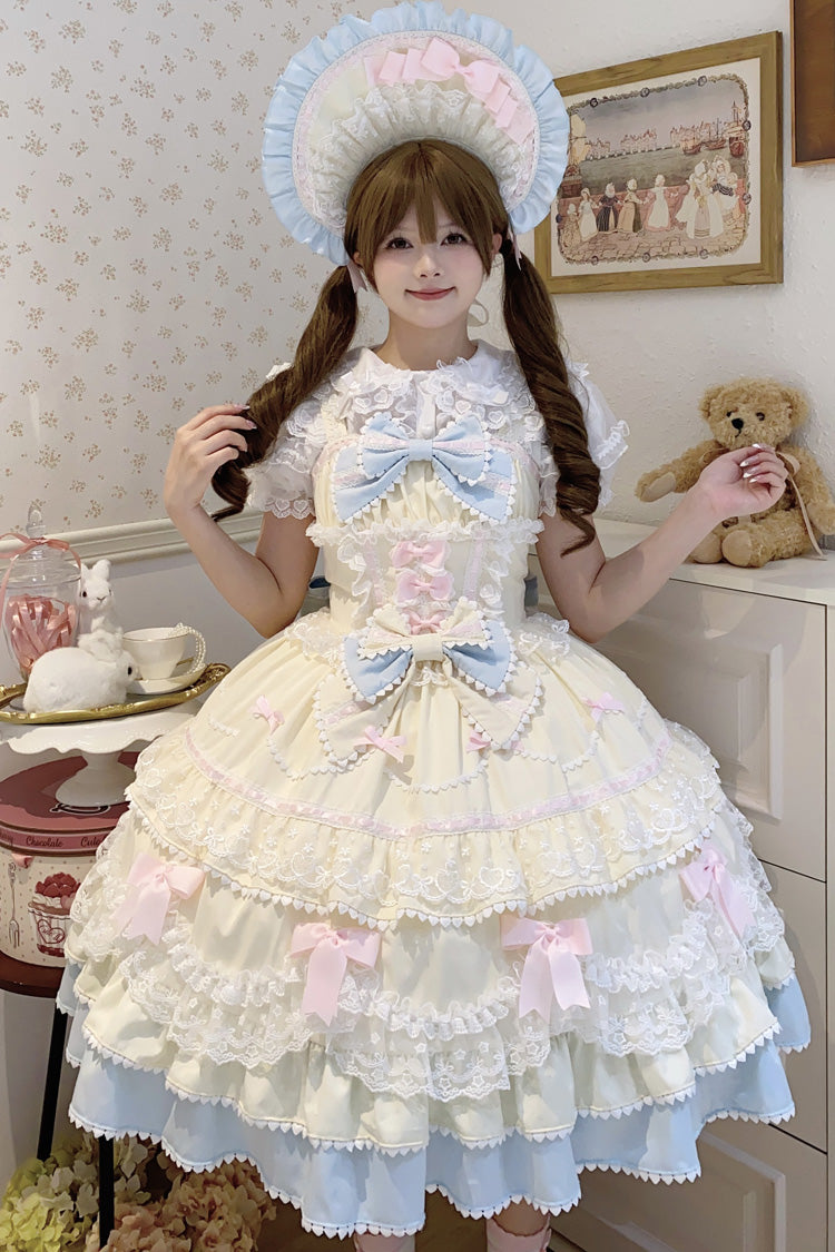 Yellow/Blue Fondant Cake Sleeveless Multi-Layered Ruffle Bowknot Lace Sweet Lolita Jsk Dress