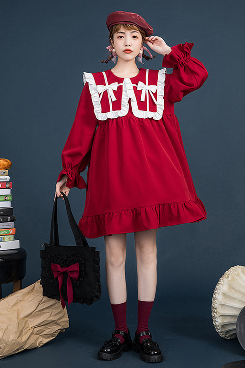 Red Doll Collar Ruffled Long Sleeves Relaxed Waist Sweet Lolita OP Dress