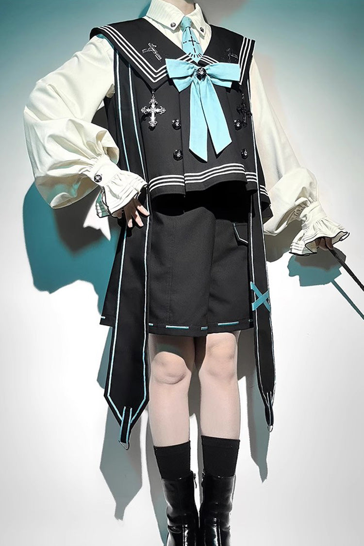 Dark Blue Magician Long Sleeves Ouji Prince Mechanical Style Lolita Shorts Vest Set