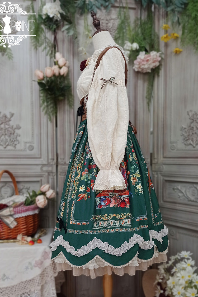 Green Ode to Plenty Berries and Birds Print Ruffle Bowknot Velvet Classic Lolita Breast Support Jsk Dress