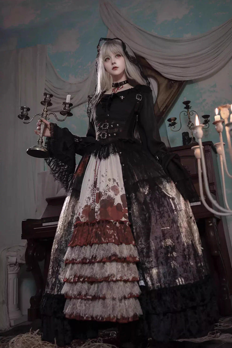 Heretical Nun Sleeveless Multi-Layered Printed Ruffled Open-Front Gothic Plus Size Lolita Strap Dress Long Version 2 Colors