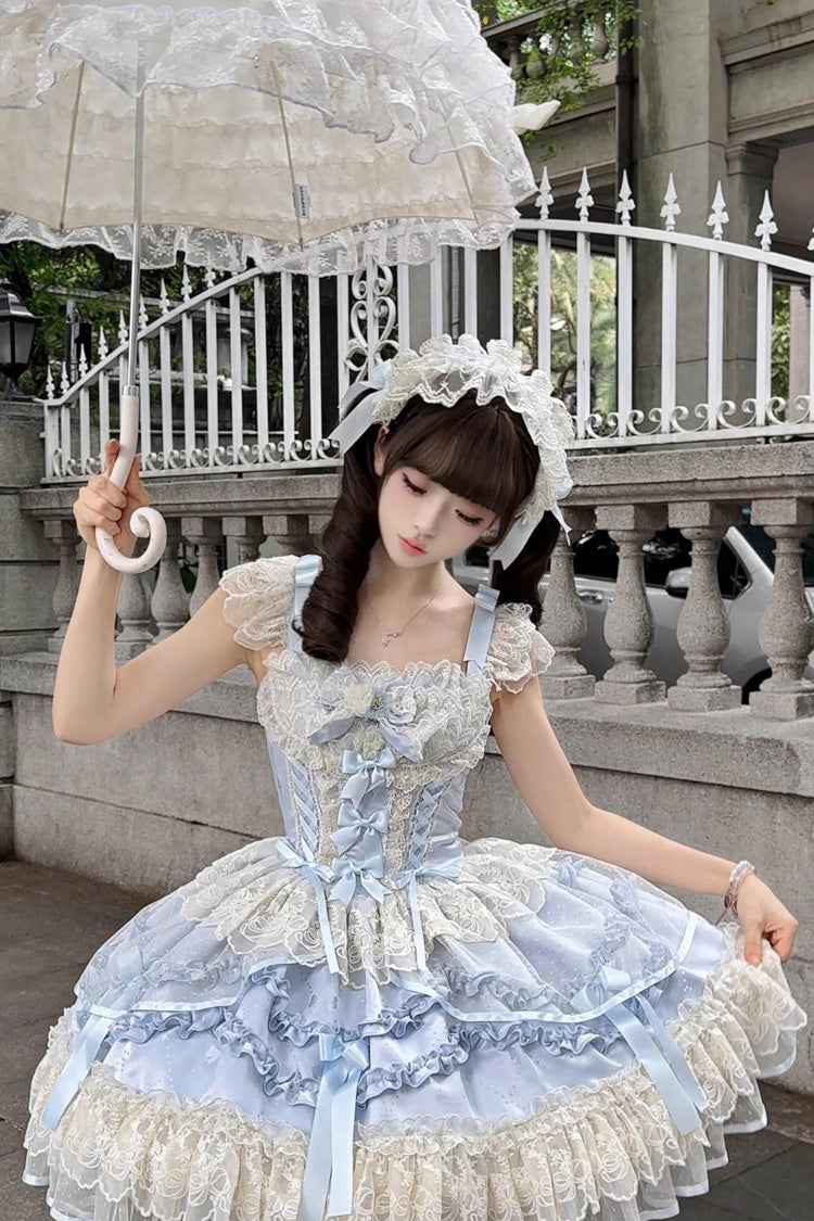 Blue Dreaming Butterfly Multi-Layered Jacquard Ruffle Bowknot Lace Sweet Princess Lolita Jsk Dress