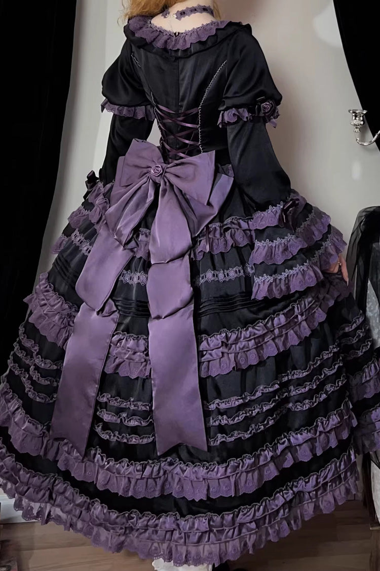 Black/Purple Layered Blackcurrant Short Sleeves Ruffle Bowknot Lace Sweet Lolita Dress