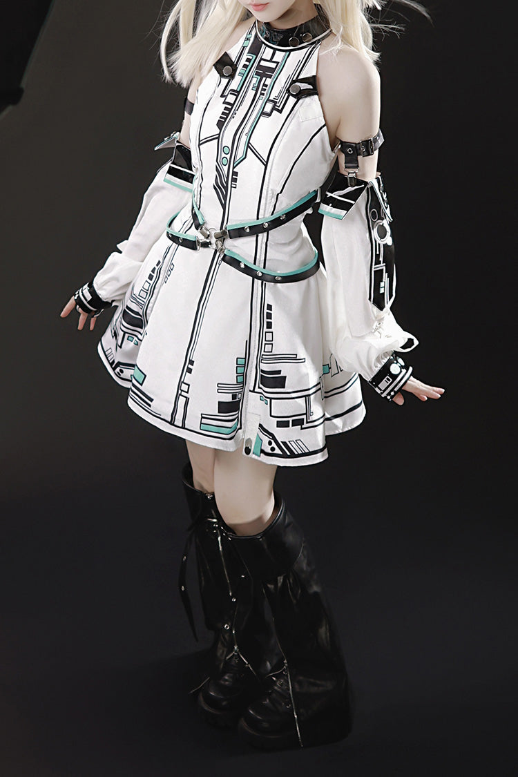 White Mecha Battle Maiden Stand Collar Print Futuristic Style Sweet Handsome Lolita Dress