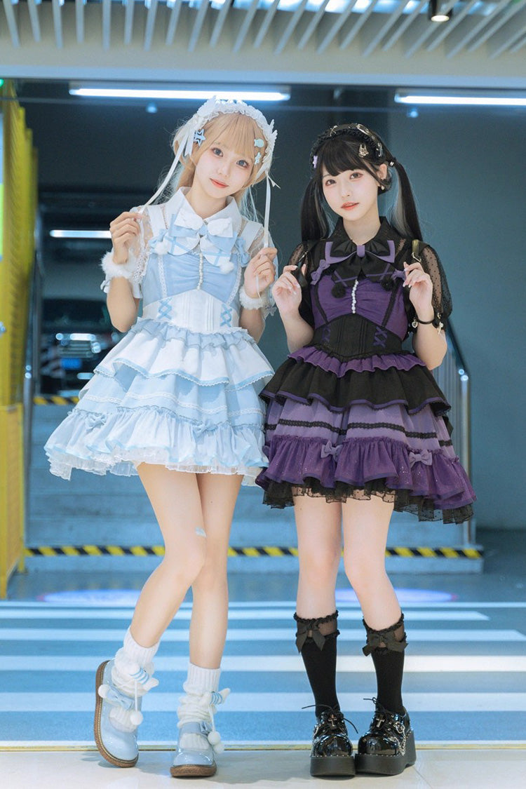 Blue/White Cotton Cloud Lapel Collar Ruffle Bowknot Lace-Up Sweet Lolita Jsk Dress