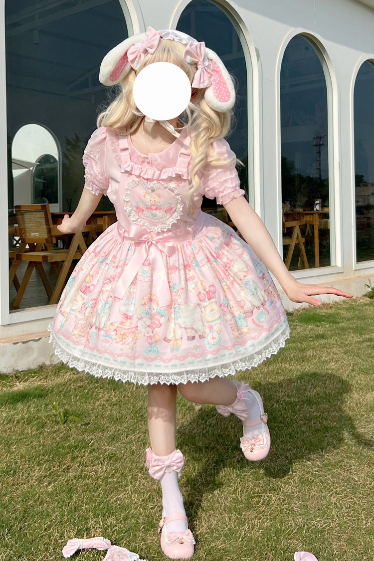 Pink Sheep's Party Print Bowknot Stitching Lace Sweet Lolita Strap Dress