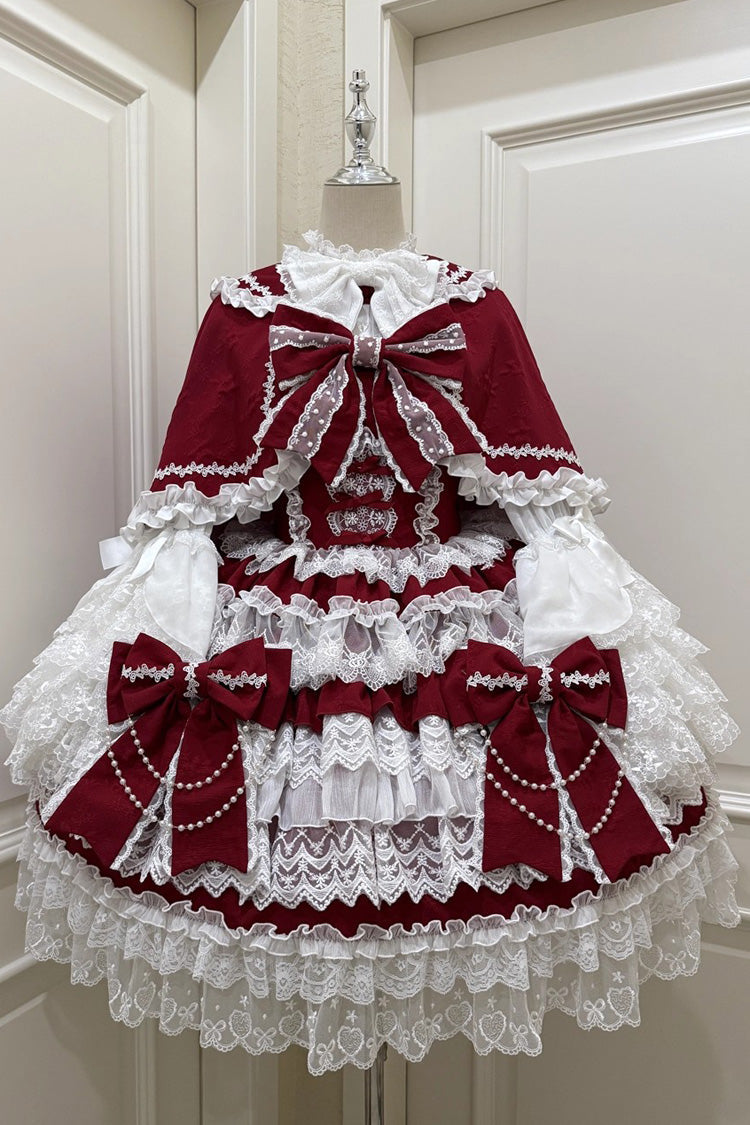 Wine Red Knot of the Crossed Heart Sleeveless Multi-Layered Ruffle Hanayome Cardigan Bowknot Lace Lace-Up Sweet Lolita Jsk Dress