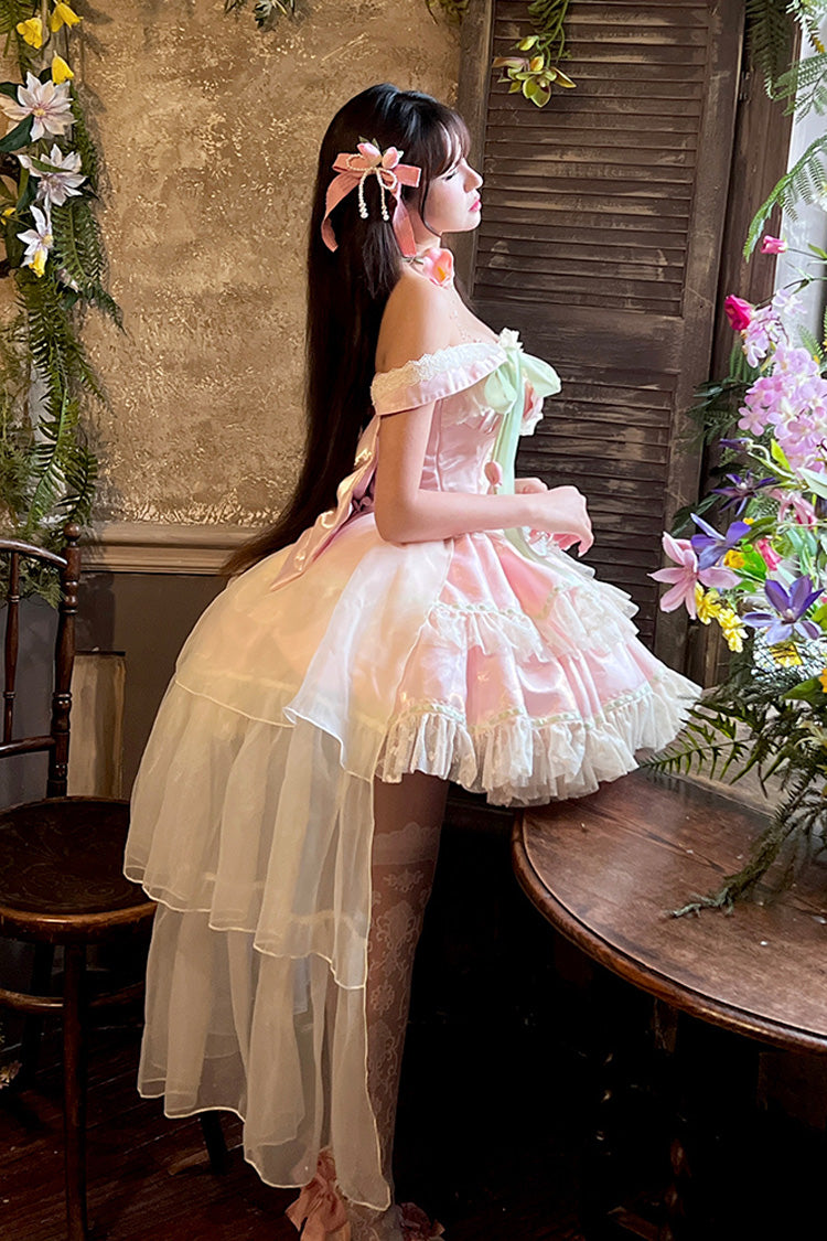 Pink Tulip Love Song Boat Neck Double-Layered Ruffle Bowknot Lace Lace-Up Romantic Sweet Princess Lolita Dress
