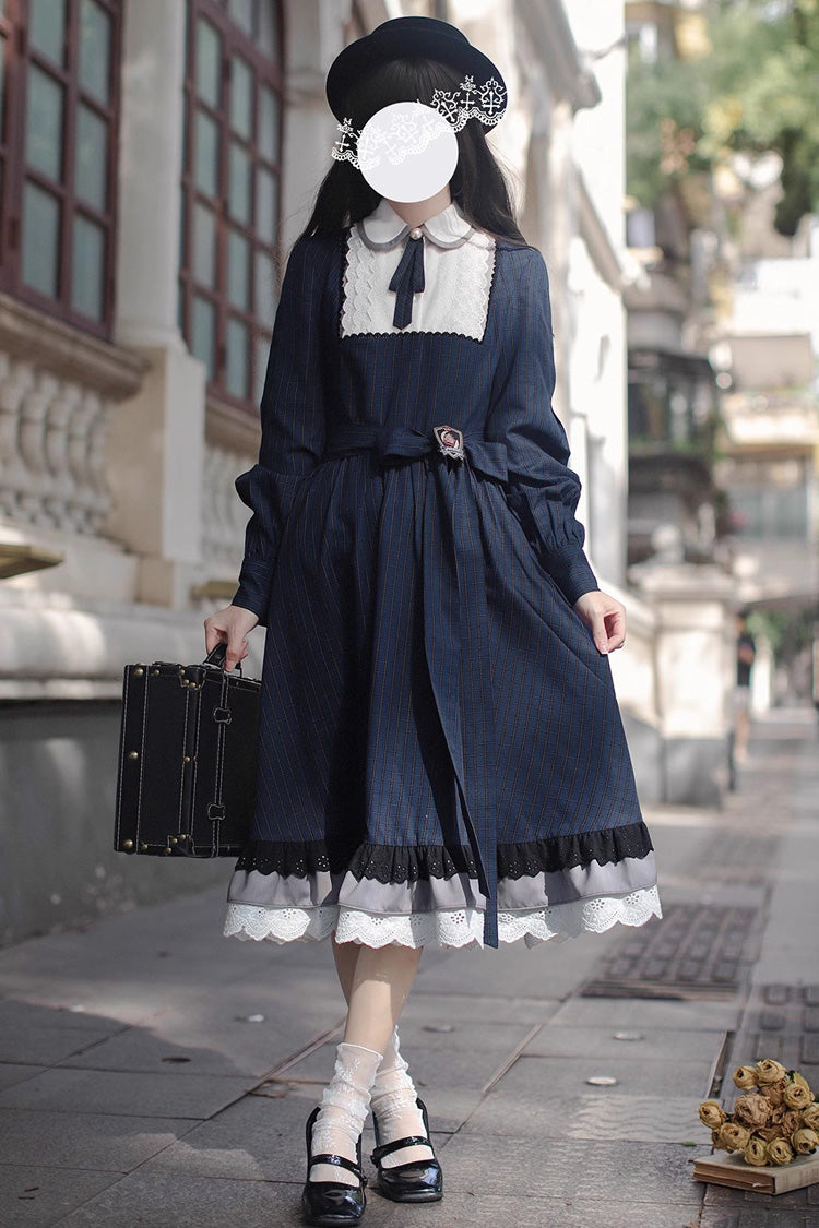 Dark Blue Phyllis Plaid Print Ruffle Bowknot Lace Vintage Elegant Lolita Dress