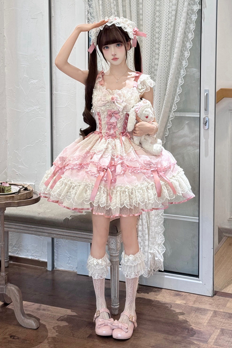 Pink Dreaming Butterfly Multi-Layered Jacquard Ruffle Bowknot Lace Sweet Princess Lolita Jsk Dress