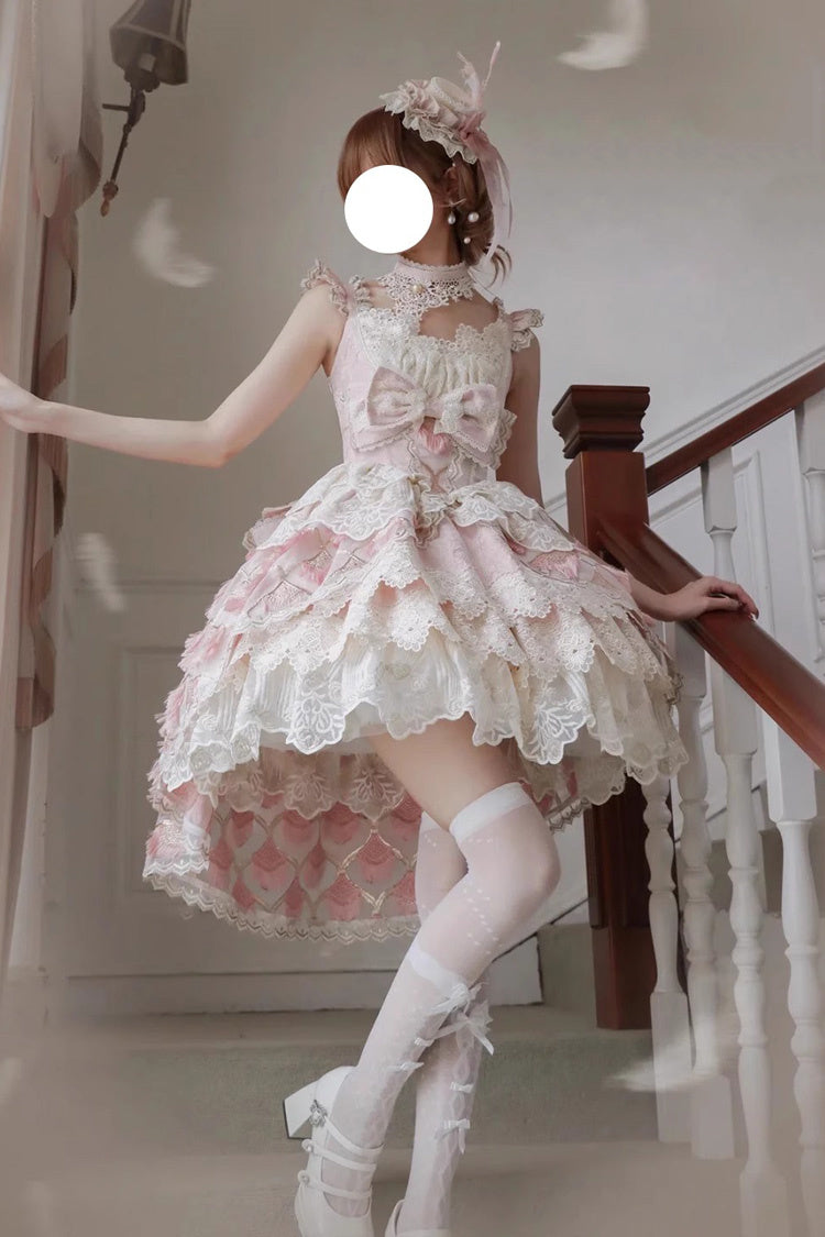 Pink Peacock Feather Multi-Layered Ruffle Hanayome Cardigan Bowknot Lace Sweet Lolita Jsk Dress Set
