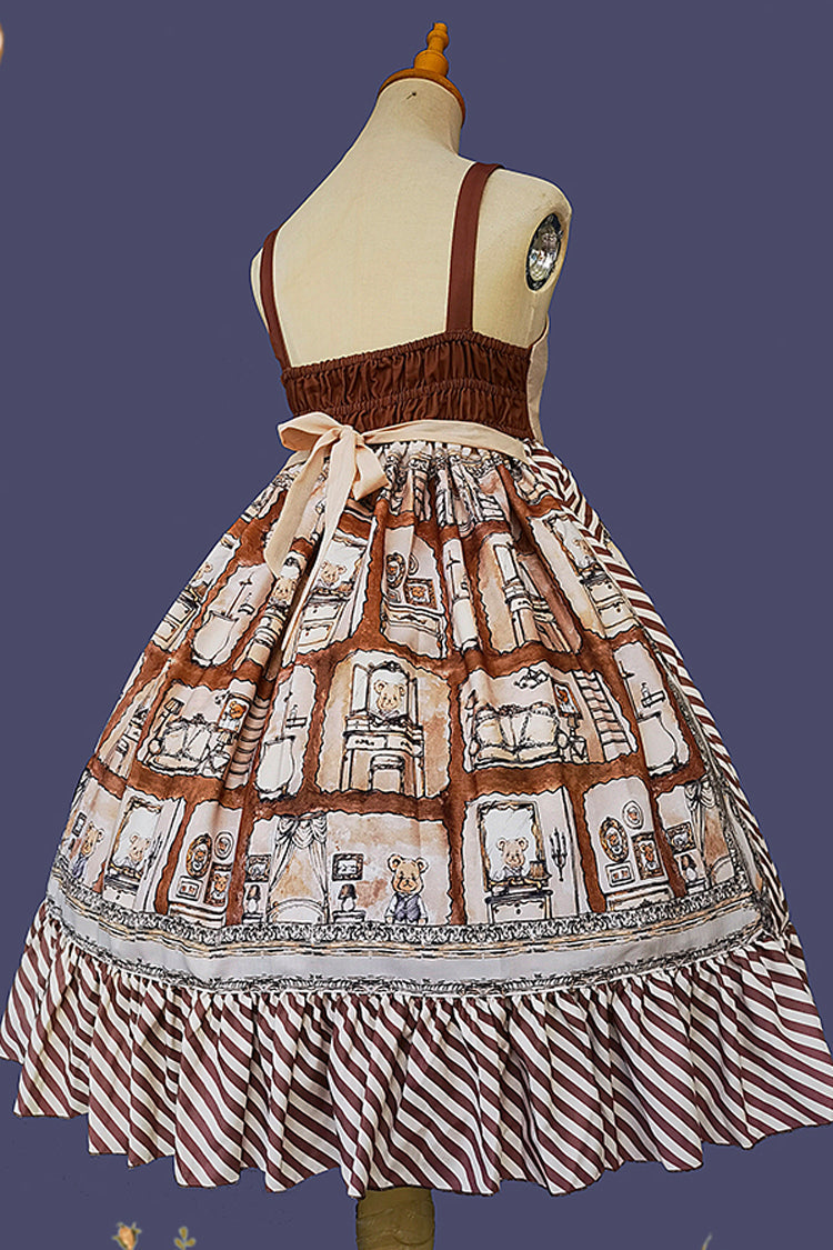 Brown Underground Bear Print Ruffle Bowknot Sweet Lolita Dress
