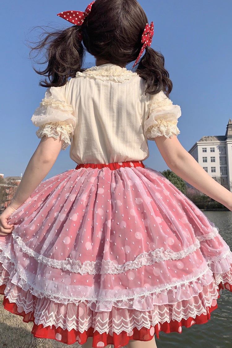 Wave Candy Triple-Layered Print Ruffle Bowknot Sweet Lolita Skirt 3 Colors